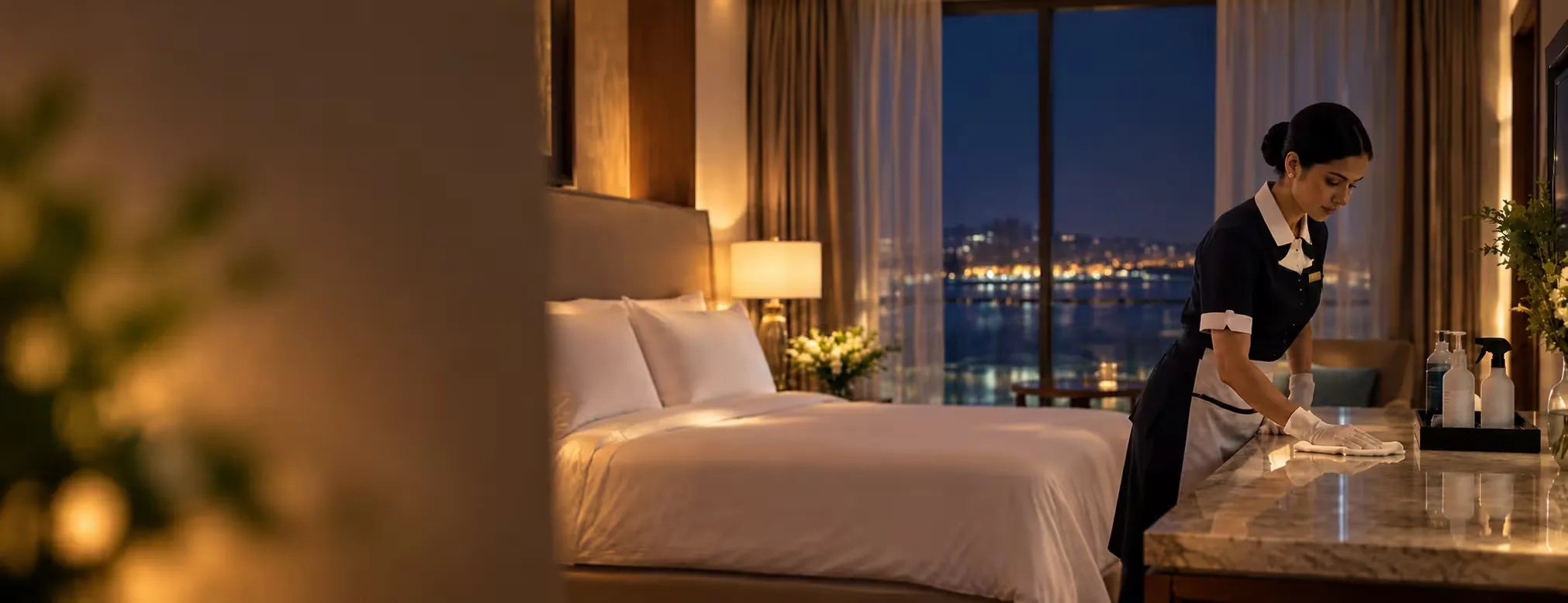 Housekeeper wiping a marble surface in a bright hotel room