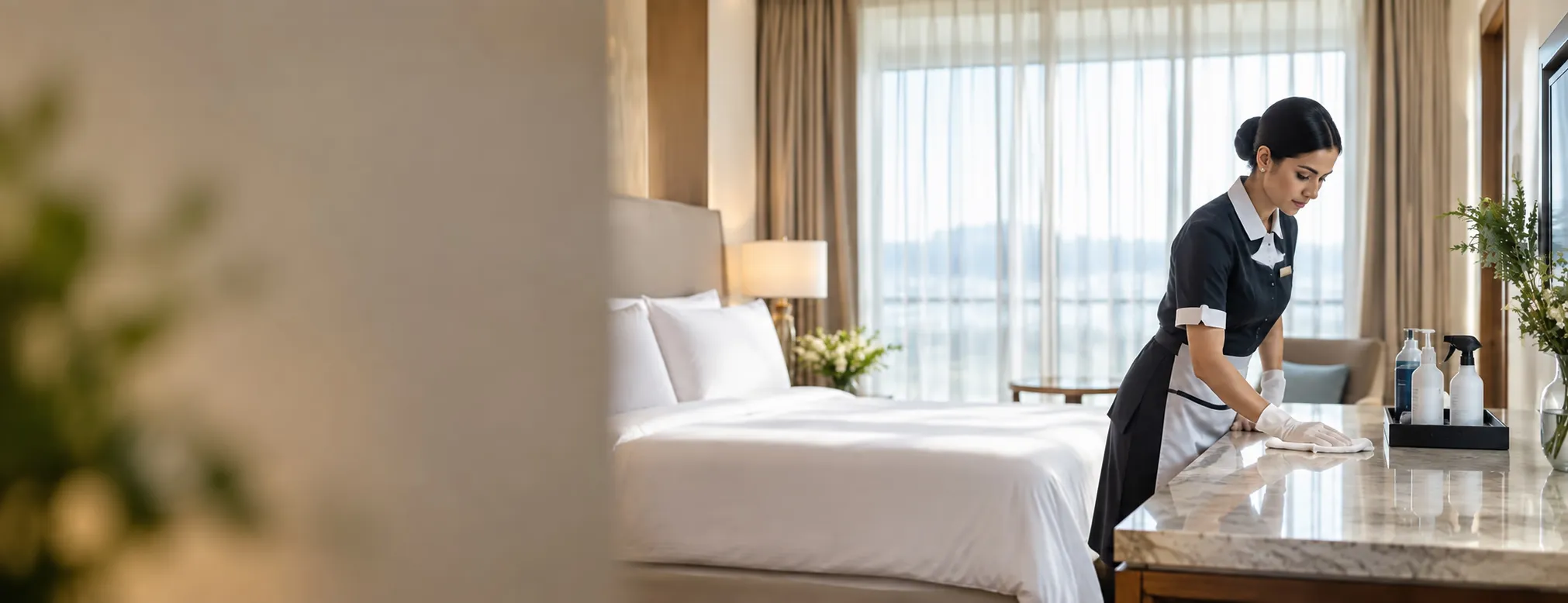 Housekeeper wiping a marble surface in a bright hotel room