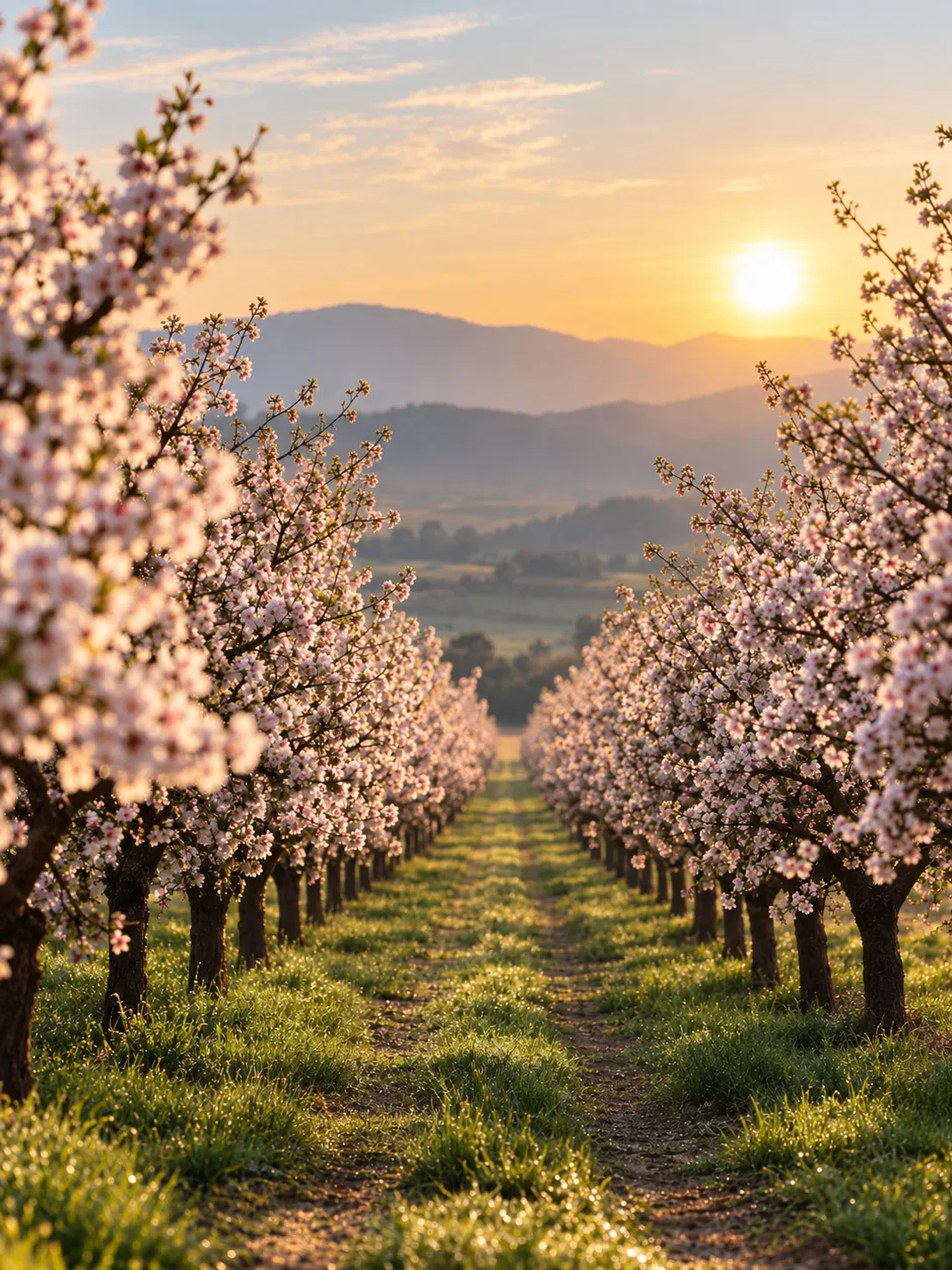 Almond orchard rows in full blossom at sunrise
